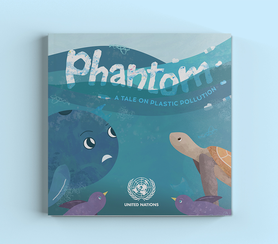Phatom: A Tale on Plastic Pollution front cover featuring a whale, purple penquins, a sea turtle, and the United Nations logo.